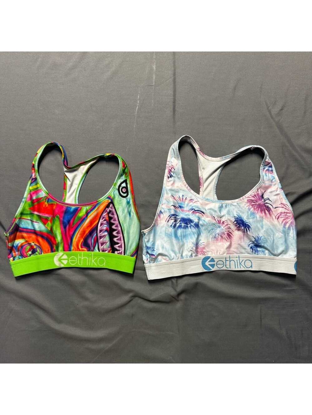 2 Ethika Women’s Sports Bras Size Medium Tie Dye Floral Shark Mouth Racerback